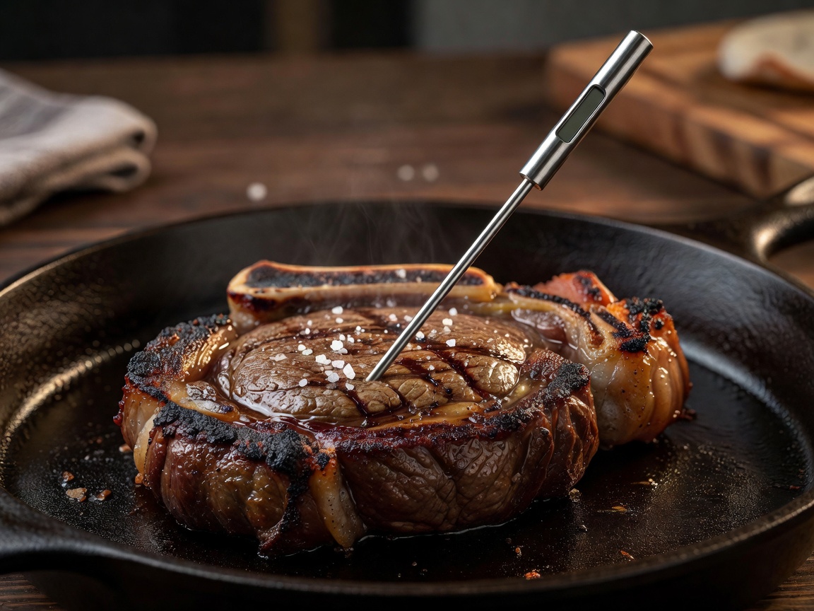 A digital instant read thermometer inserted into a thick cut steak