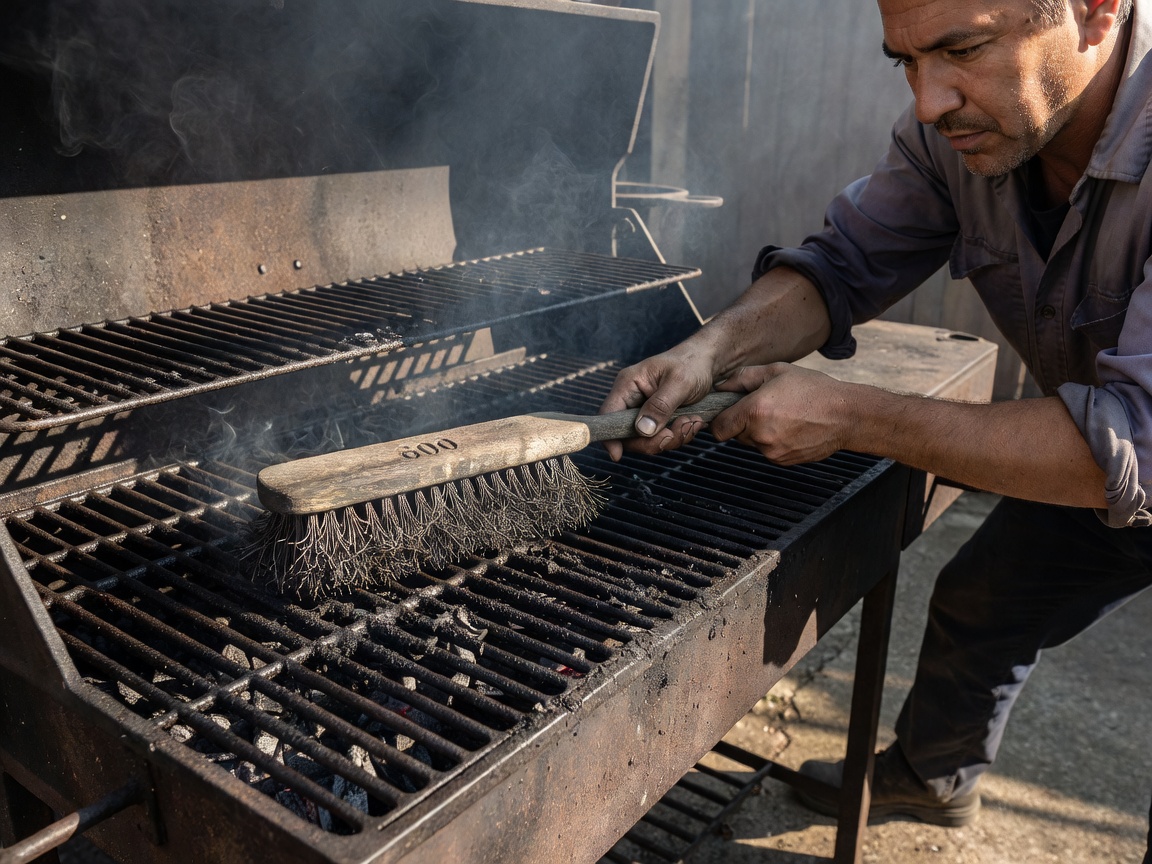 A person cleaning the grates of a barbecue with a heavy wire brush