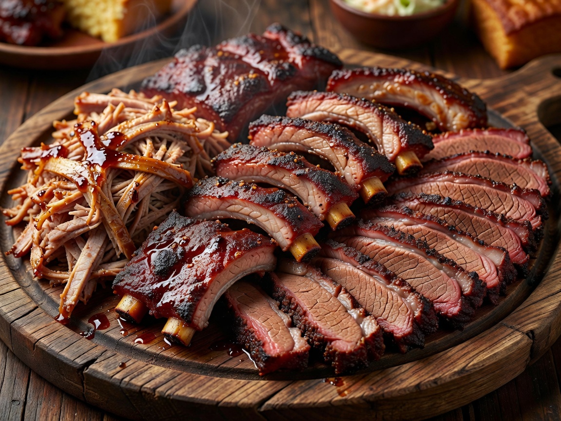 A platter showing pulled pork, ribs, and sliced beef brisket