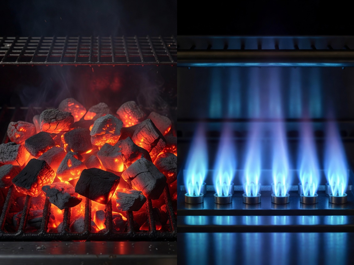 A split image showing glowing charcoal briquettes on one side and blue gas flames on the other