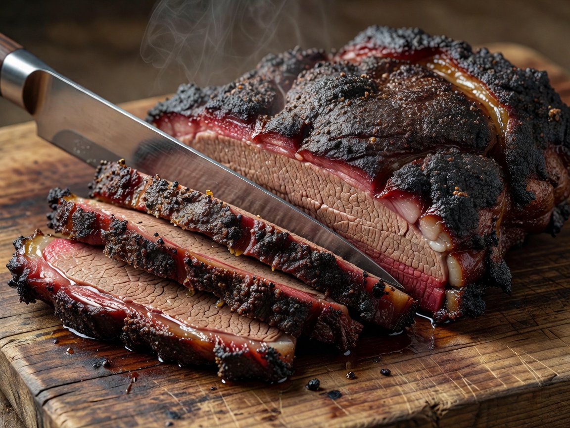 Close up of a brisket with deep dark bark being sliced on a wooden cutting board