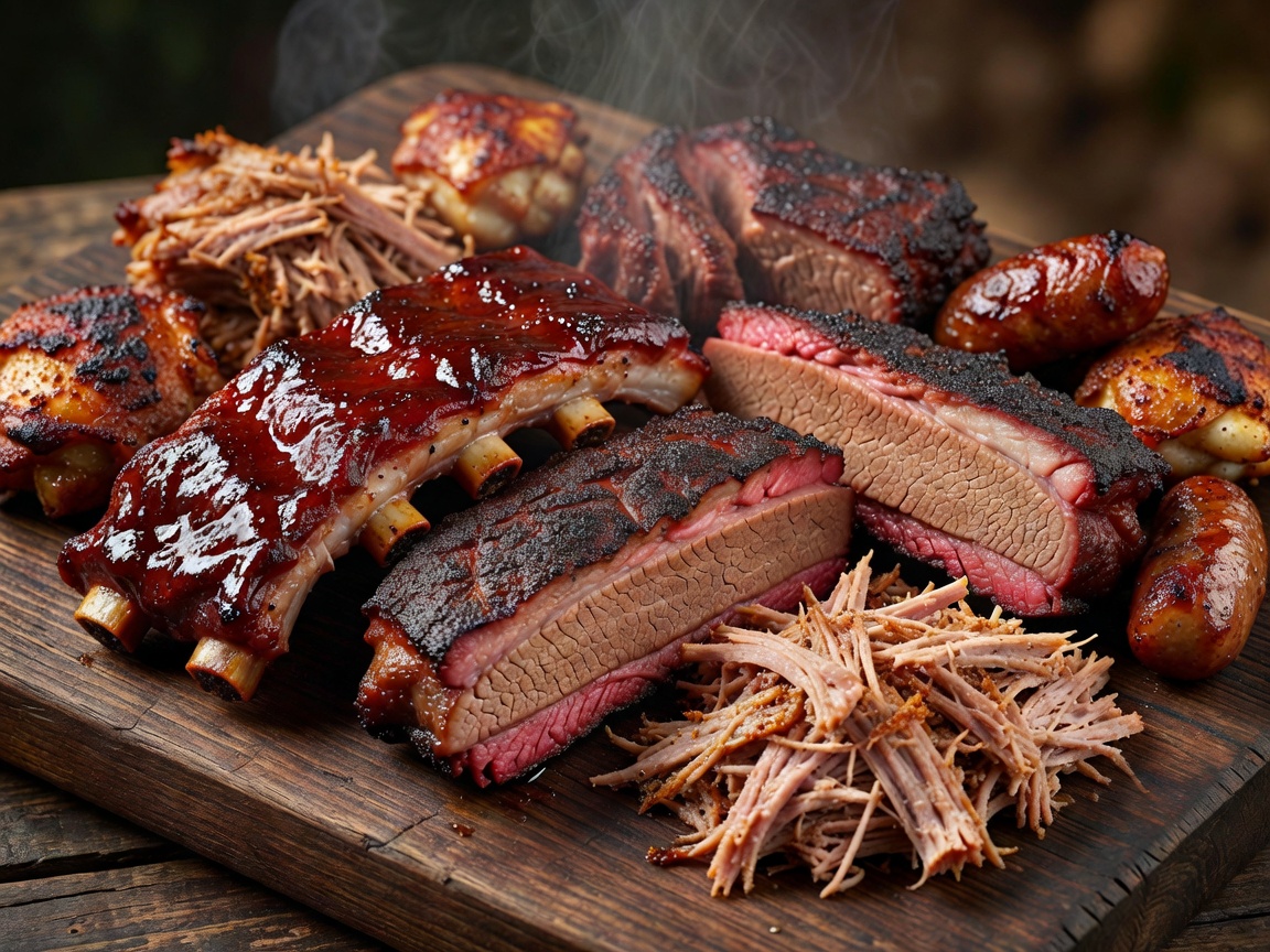 Different styles of cooked barbecue meat including ribs and brisket on a wooden board