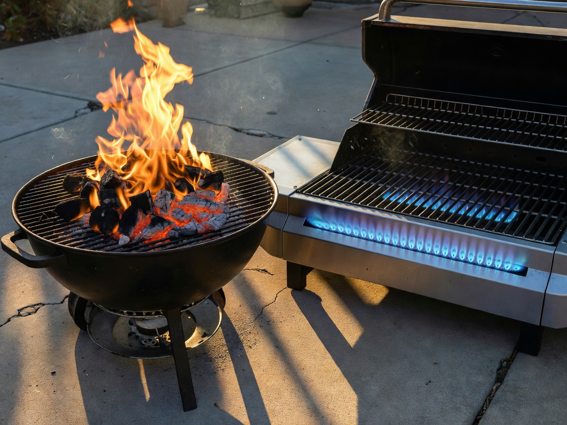 Grill flames showing charcoal and gas setups side by side