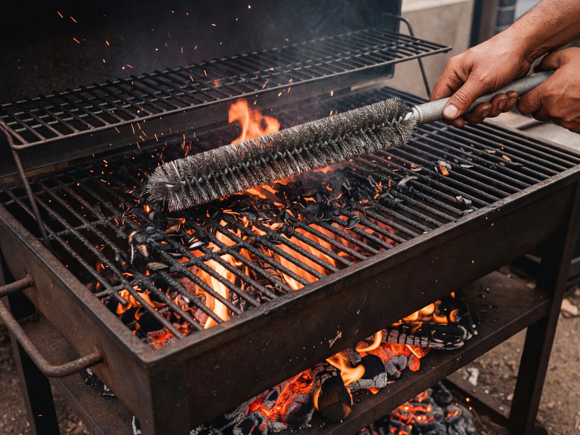 Scraping clean barbecue grates with fire underneath