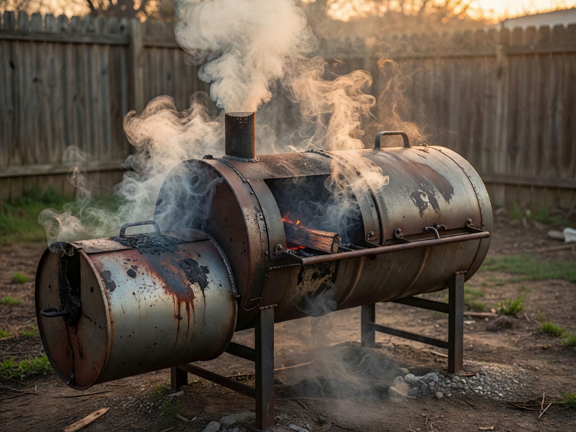 Smoke pouring from a traditional offset barrel smoker