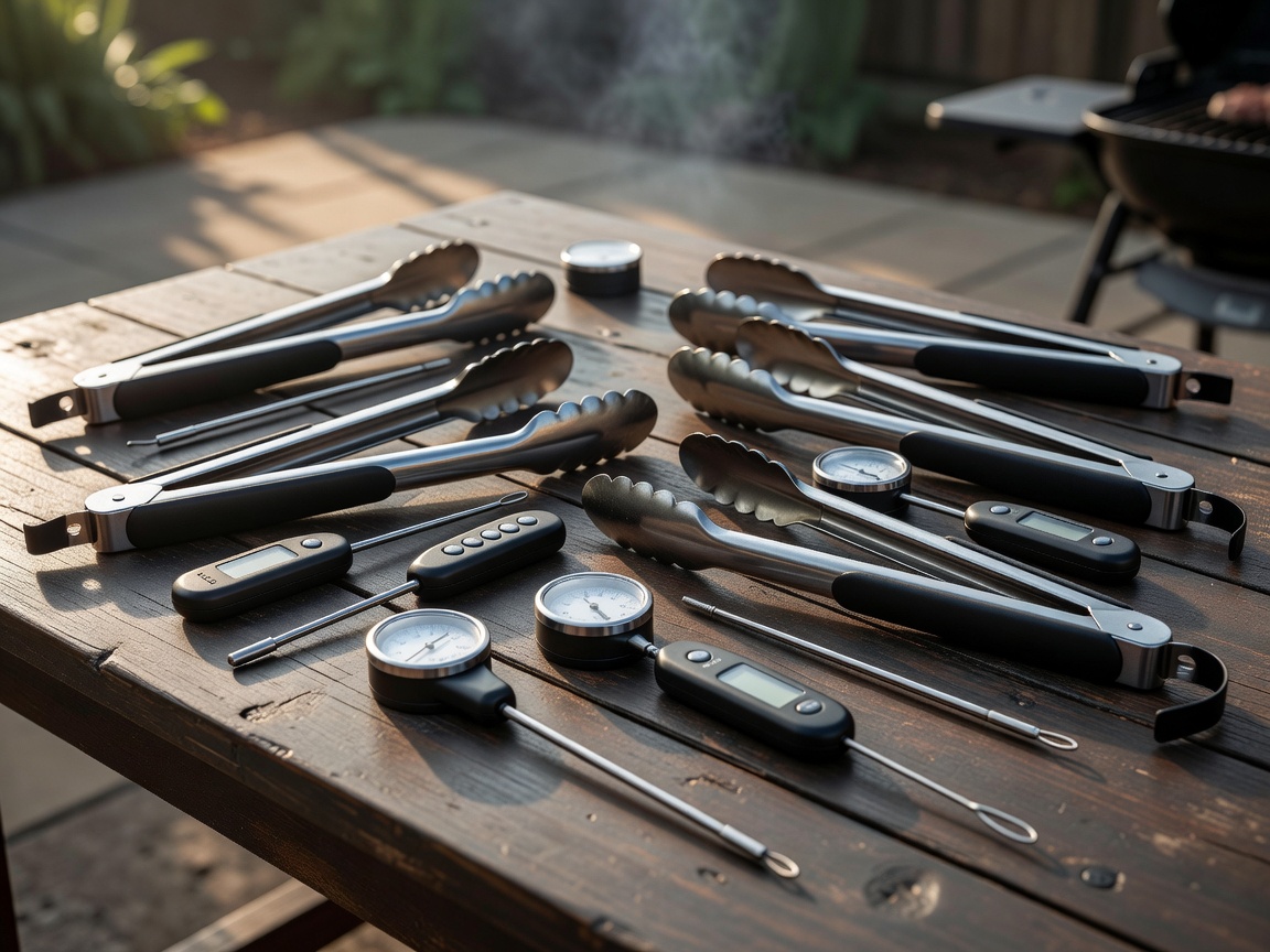 Various barbecue tools including thermometers and heavy duty tongs laid out on a table